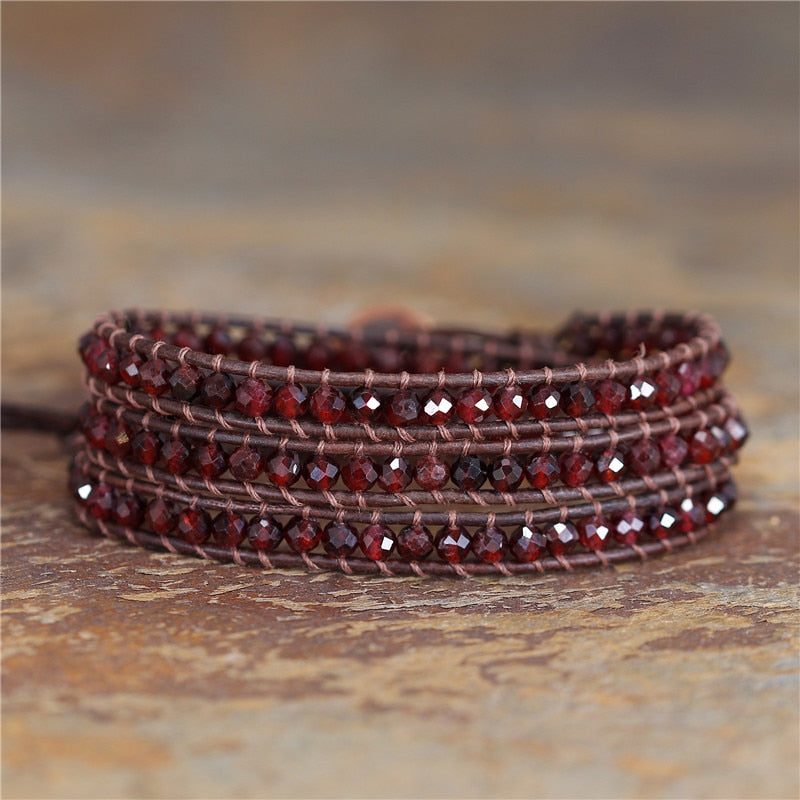 Natural Red Garnet Leather Wrap Bracelet