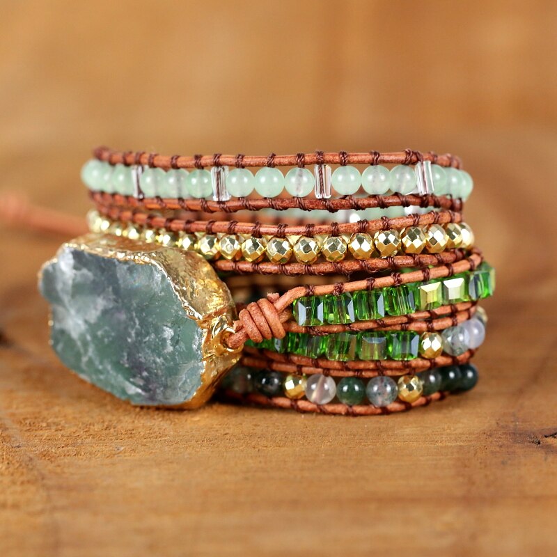 Natural Green Quartz, Aventurine & Agate Leather Wrap Bracelet