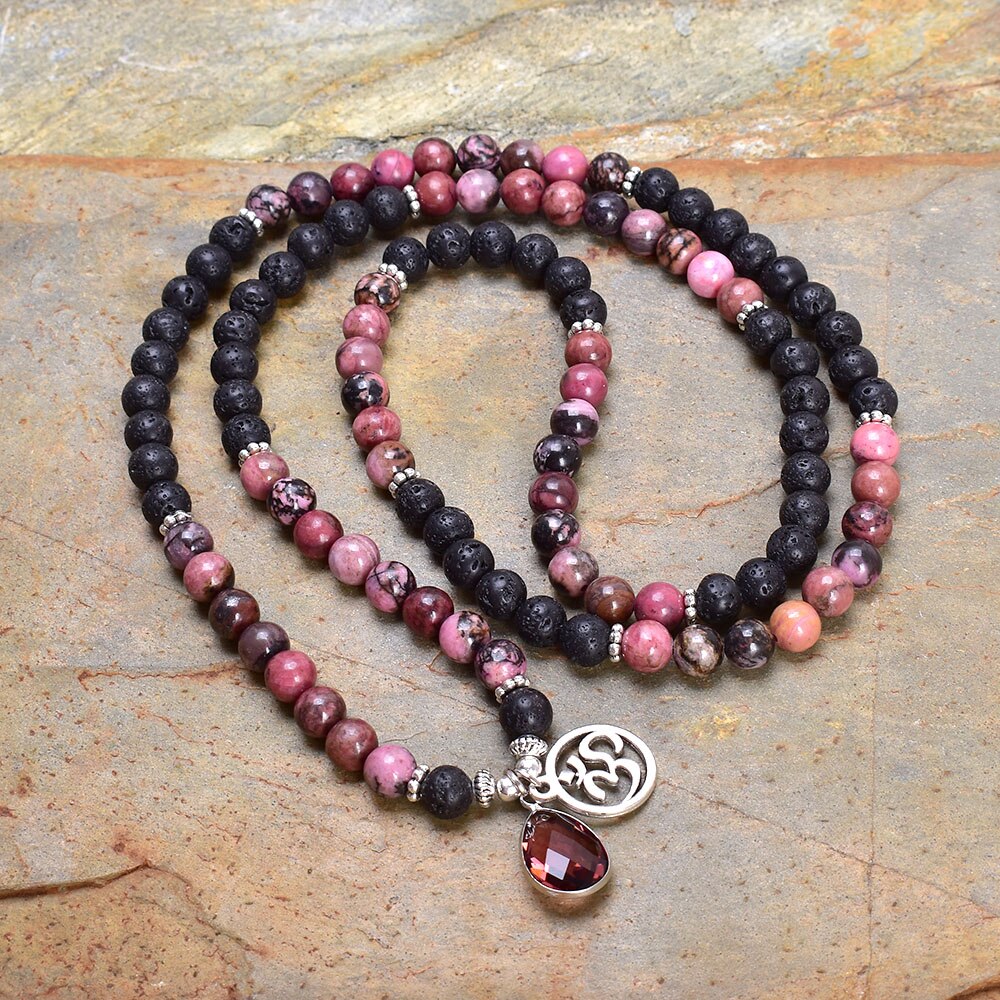 108 Natural Lava Stone, Rhodonite Mala Beads & Om Charm Necklace / Bracelet