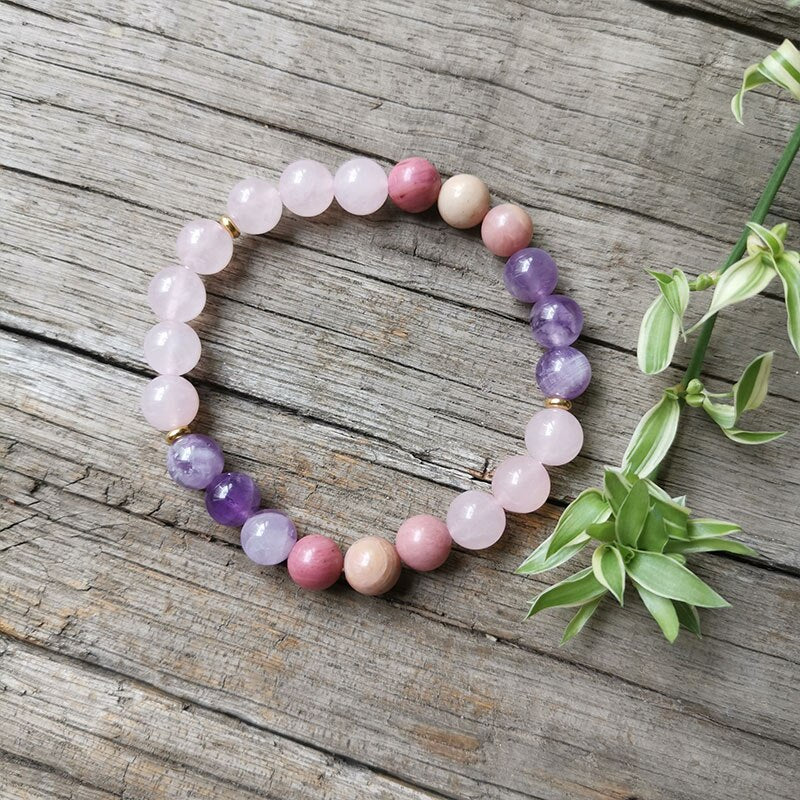 Natural Rhodonite, Amethyst & Rose Quartz 108 Beads Mala Necklace / Bracelet