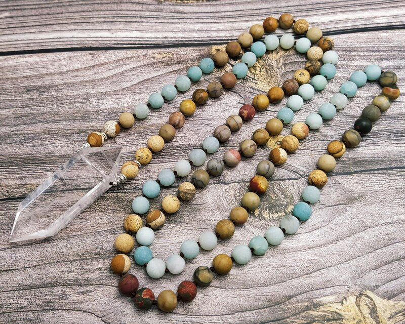 Natural Jasper, Amazonite & Clear Quartz Wand Necklace