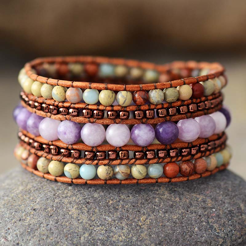 Natural Jasper & Amethyst Beads Cuff Leather Bracelet