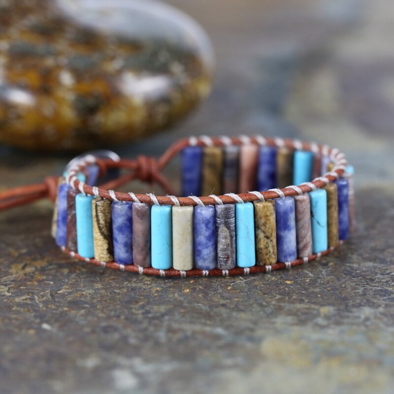 Natural Sodalite, Jasper, Turquoise & Agate Leather Wrap Bracelet