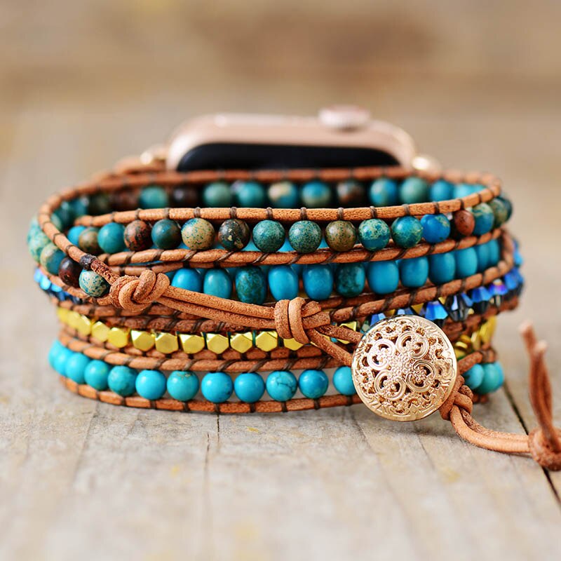 Natural Turquoise & Imperial Jasper Leather Smartwatch Band