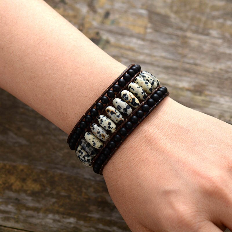 Natural Dalmatian Jasper & Black Onyx Leather Wrap Bracelet