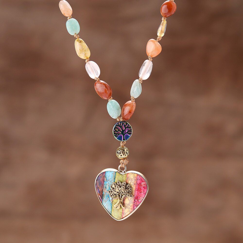 Natural Mixed 7 Chakras Gemstones, Heart & Tree of Life Necklace