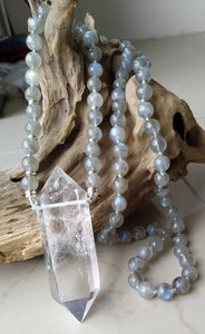 Natural Clear Quartz Double Point Pendant & Labradorite Stone Beads Necklace