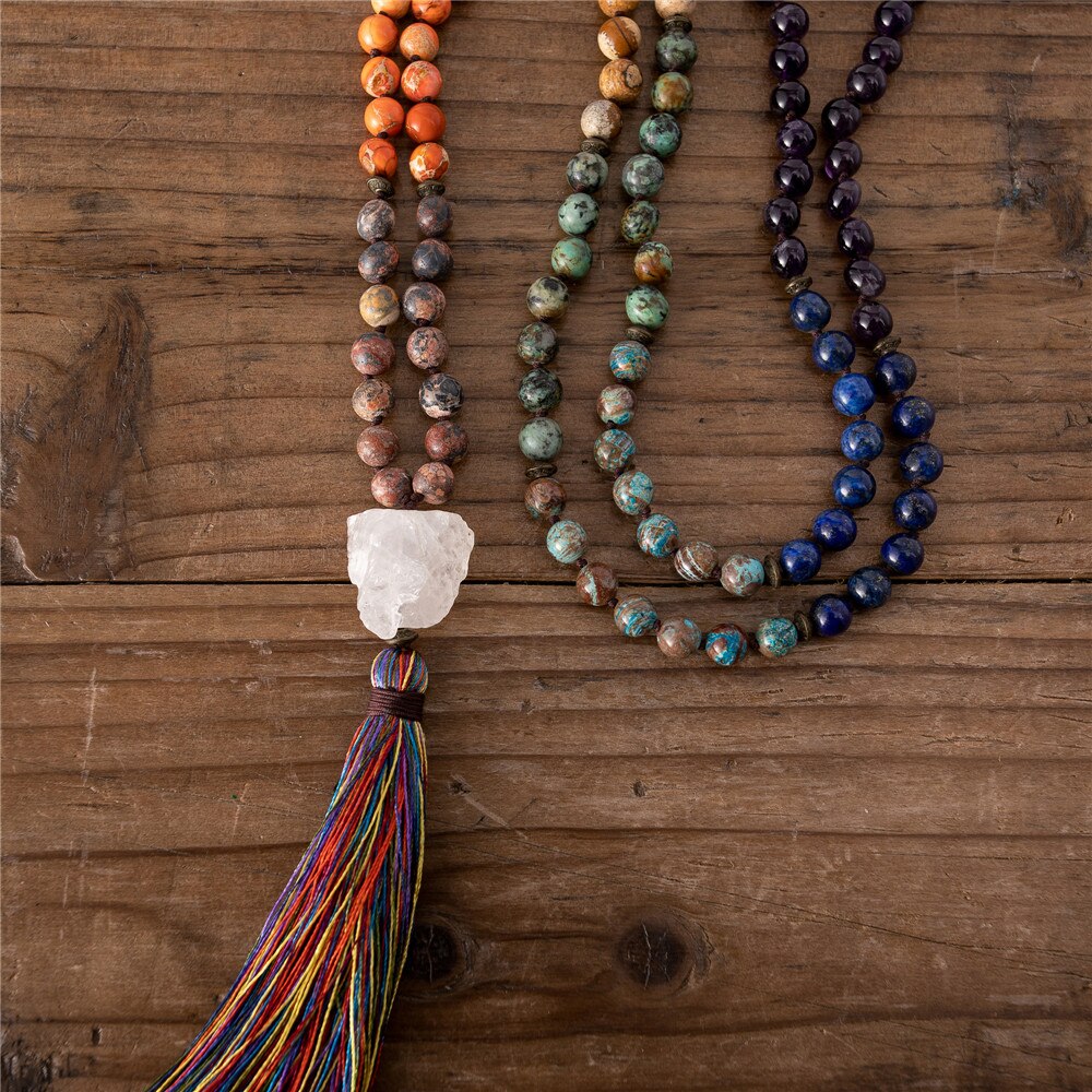 Natural Jasper, Amethyst & African Turquoise 108 Mala Beads Necklace