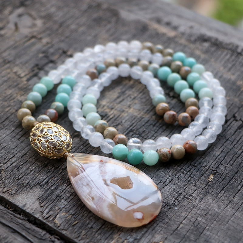 Natural White Quartz, Jasper, Amazonite & Sakura Agate Pendant Necklace