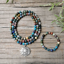 Load image into Gallery viewer, 108 Natural Indian Agate, Apatite &amp; Lapis Lazuli Mala Beads with Sun&amp;Moon Pendant
