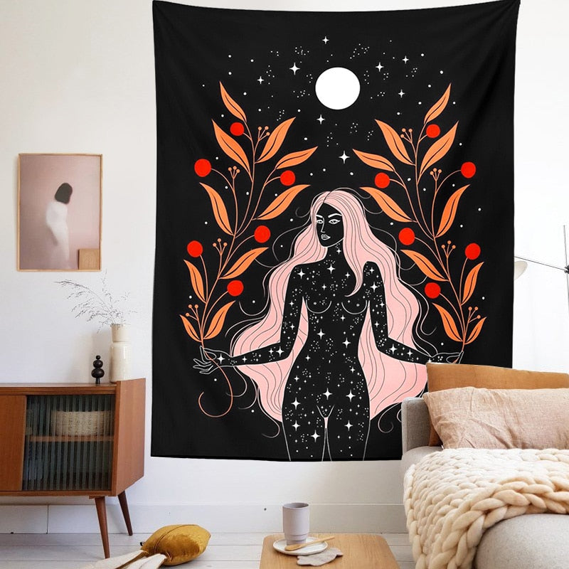 Moon Phases Tapestry Rainbow Girl