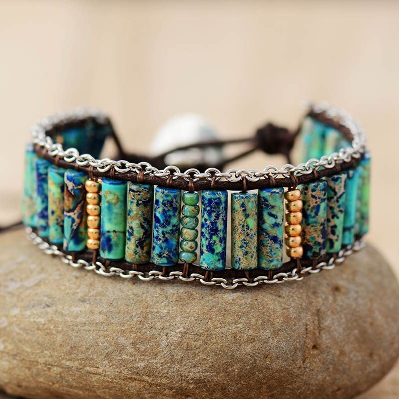 Natural Jasper & Weaving Chain Leather Wrap Bracelet