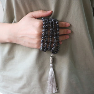 Tibetan 108 Natural Black Labradorite Mala Beads & Om Mani Padme Hum Wheel Necklace / Bracelet
