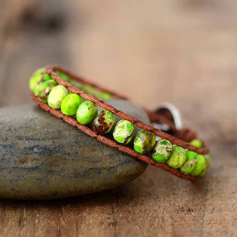 Natural Jasper Beads Leather Wrap Bracelet