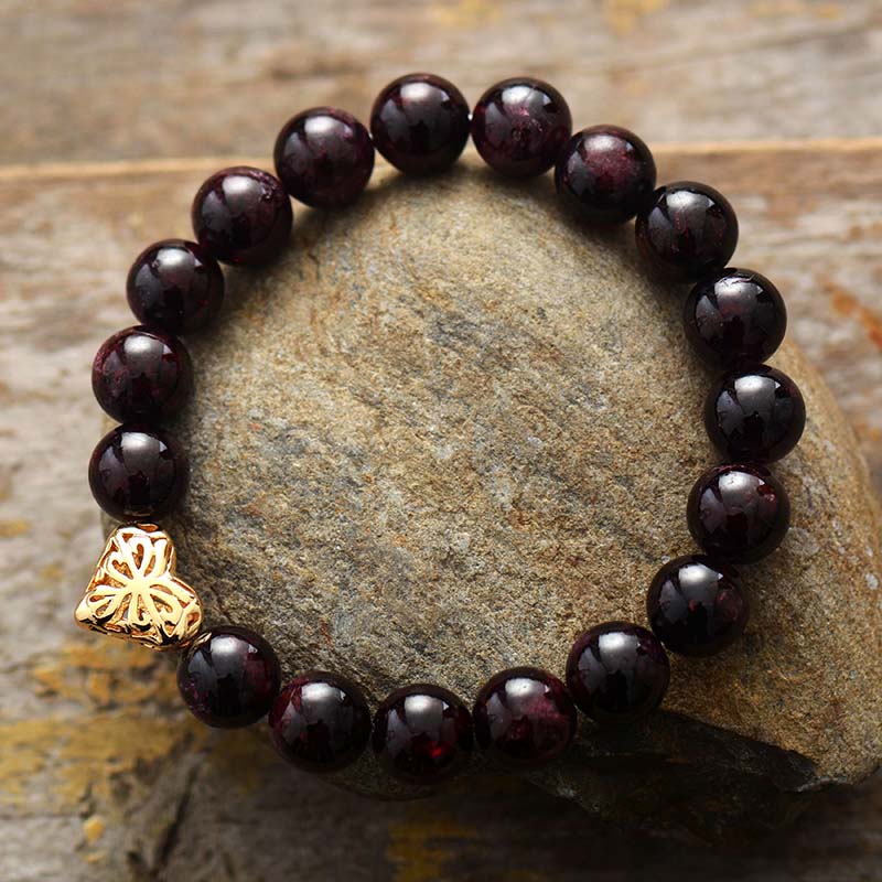 Natural Red Garnet Beaded Bracelet with Heart Charm