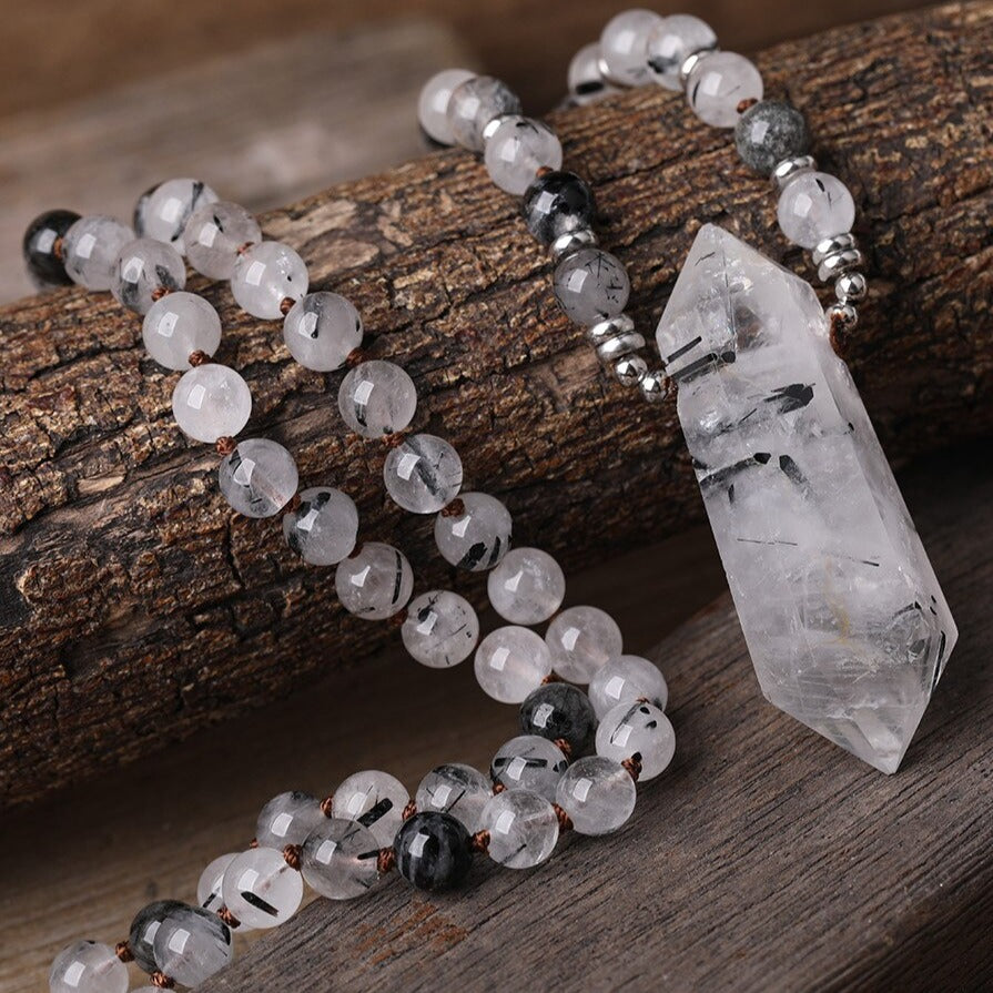 Natural Black Rutilated Quartz Double Point Pendant Necklace