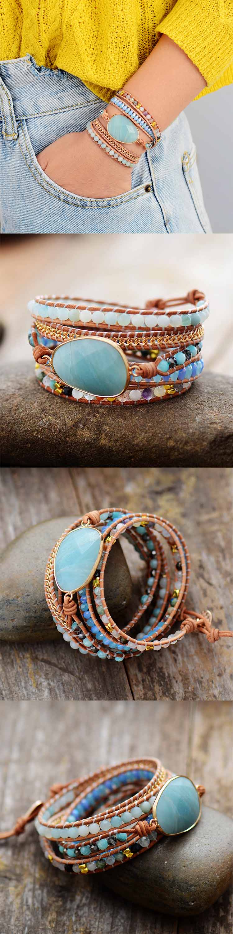 Natural Amazonite & Crystals Leather Wrap Bracelet