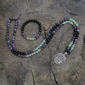 Natural Amethyst, Aventurine & Black Onyx 108 Beads Mala Necklace / Bracelet