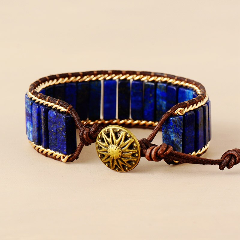 Natural Lapis Lazuli & Weaving Chain Leather Wrap Bracelet