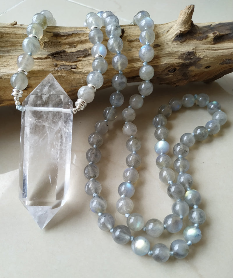 Natural Clear Quartz Double Point Pendant & Labradorite Stone Beads Necklace