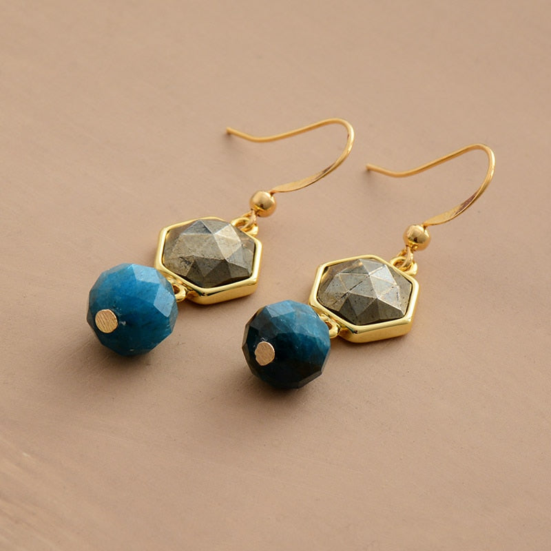 Handmade Dangle Earrings with Natural Apatite & Pyrite Stones