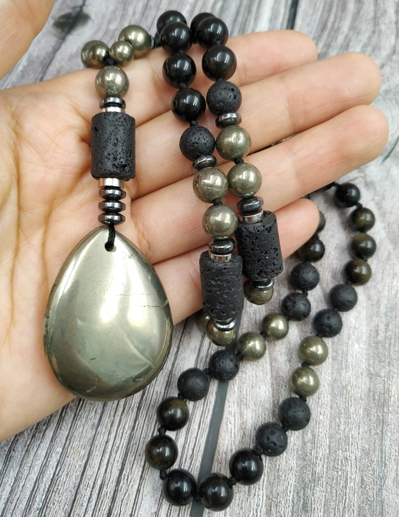 Natural Hematite, Golden Obisdian, Lava Stones & Pyrite Necklace