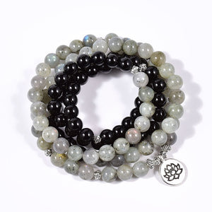 Natural Black Onyx & Labradorite 108 Beads Mala Necklace / Bracelet