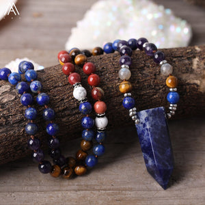 Natural Amethyst, Tiger Eye, Lapis Lazuli, Jasper Necklace with Sodalite Stone Pointed Pendant