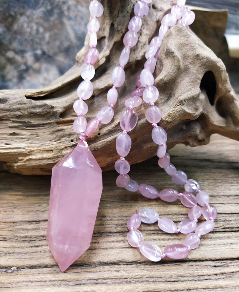 Natural Rose Quartz Prism Pendant Necklace