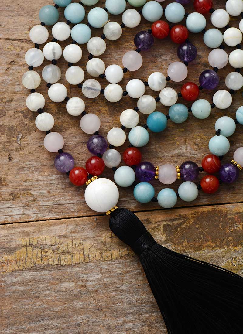 Natural Moonstone, Onyx, Amazonite & Amethyst 108 Beads Mala Necklace
