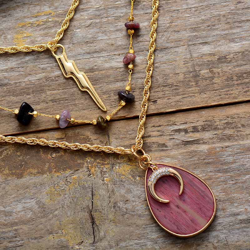 Natural Tourmaline & Rhodonite Multi-Layer Necklace