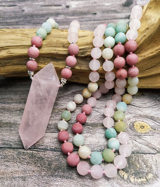 Natural Amazonite, Rhodonite & Rose Quartz Double Point Pendant Necklace