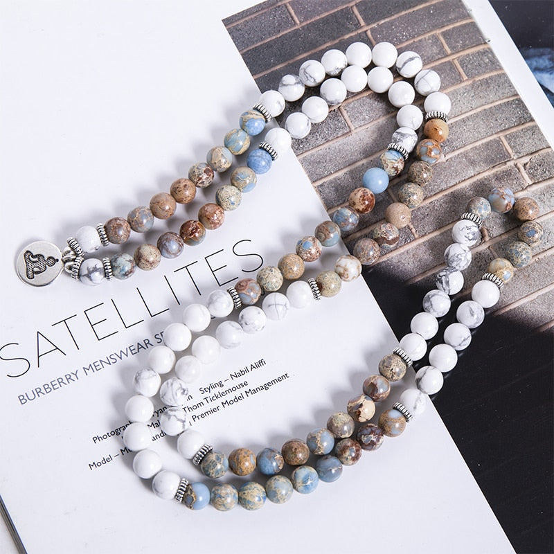 Natural Howlite & Imperial Jasper 108 Mala Beads Necklace / Bracelet
