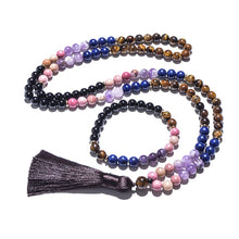 Load image into Gallery viewer, 108 Natural Tiger Eye, Lapis Lazuli, Amethyst, Rhodonite &amp; Black Agate Mala Beads Necklace
