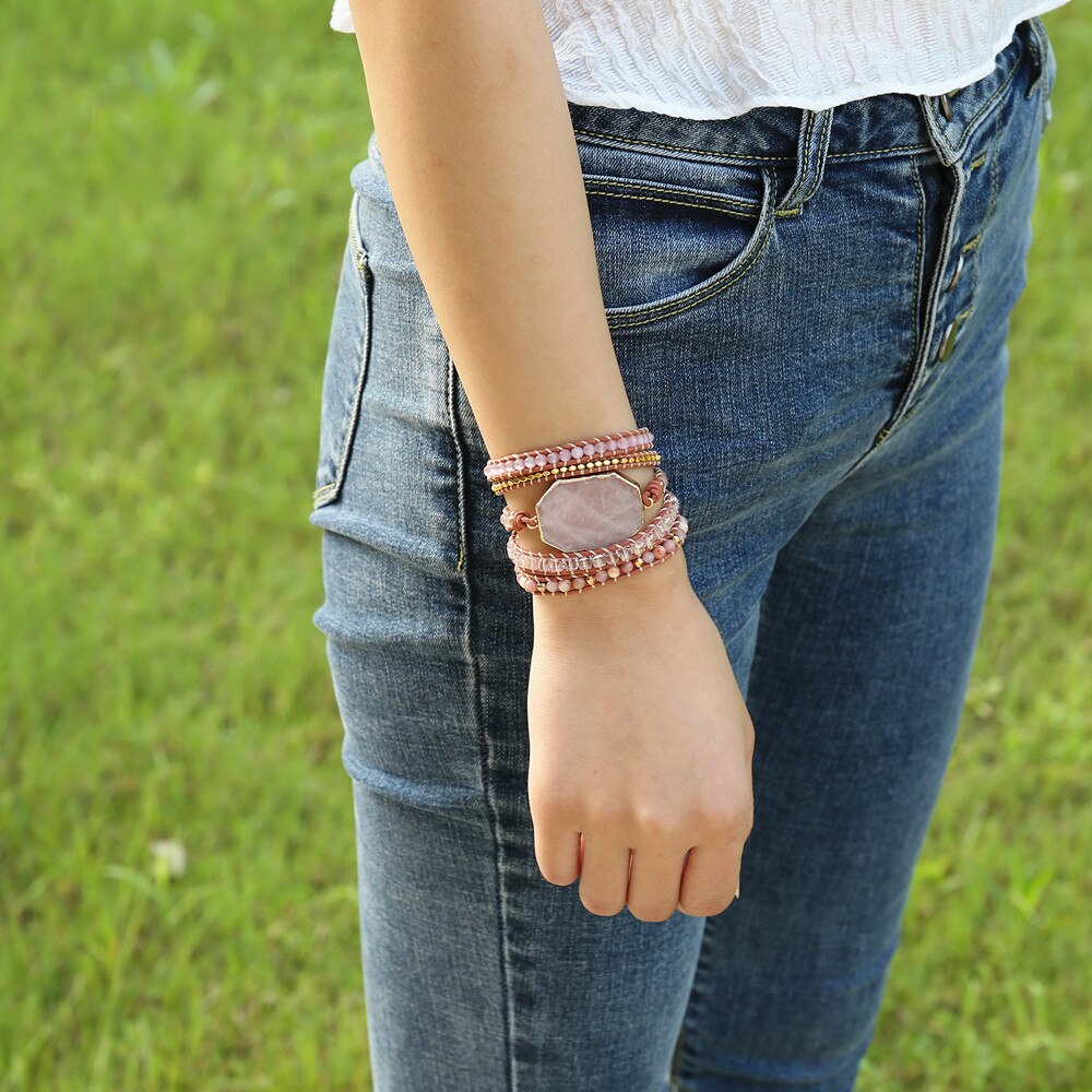 Natural Rose Quartz Leather Wrap Bracelet