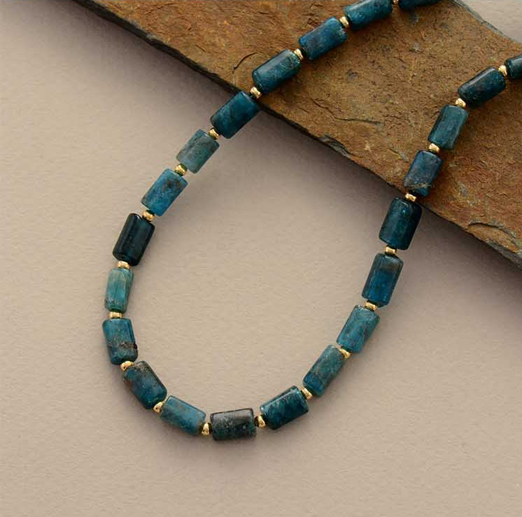 Natural Blue Apatite Tube Bead Choker Necklace