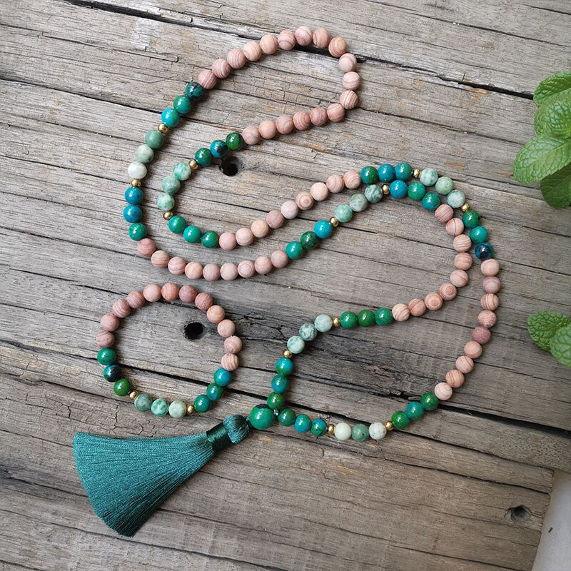 Rare Natural Sandstone, Chrysocolla & Jade 108 Beads Mala Necklace / Bracelet