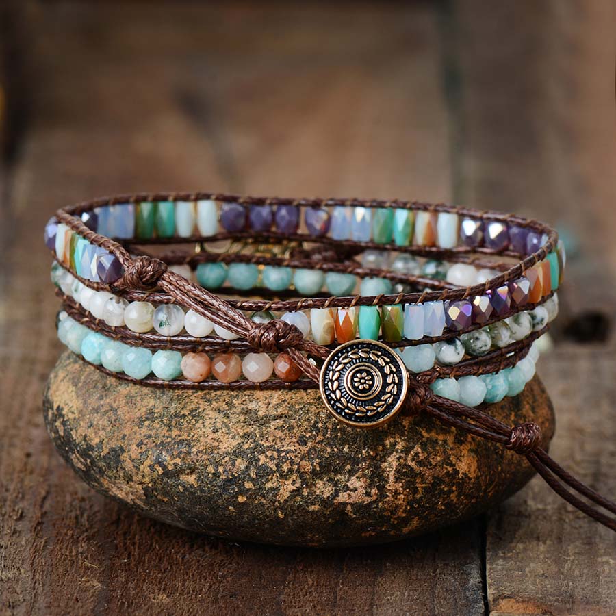 Natural Amazonite, Pyrite, Sunstone & Agate Tree of Life Wrap Bracelet