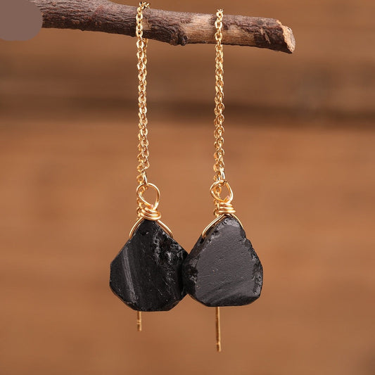 Natural Black Tourmaline Stone Long Earrings