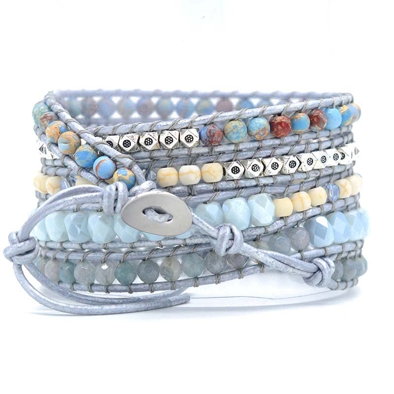 Raw Blue Topaz, Howlite & Light Blue Jasper Leather Wrap Bracelet