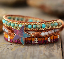 Load image into Gallery viewer, Natural Jasper &amp; Agate Star Leather Wrap Bracelet
