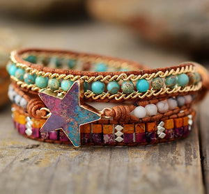 Natural Jasper & Agate Star Leather Wrap Bracelet
