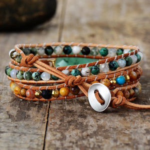 Natural Turquoise, Onyx, Lava Beads & Jade Charm Leather Wrap Bracelet