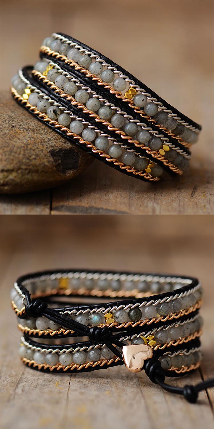 Natural Labradorite Beads Leather Wrap Bracelet