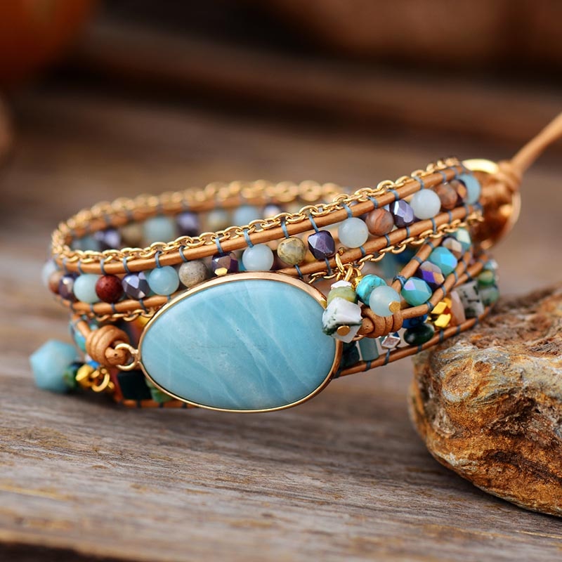 Natural Amazonite, Jasper & Agate Leather Wrap Bracelet