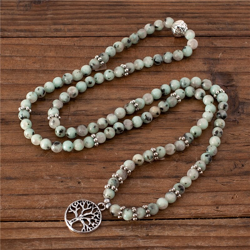 Natural Kiwi Jasper Stone 108 Mala Beads Necklace / Bracelet