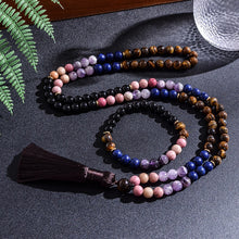 Load image into Gallery viewer, 108 Natural Tiger Eye, Lapis Lazuli, Amethyst, Rhodonite &amp; Black Agate Mala Beads Necklace
