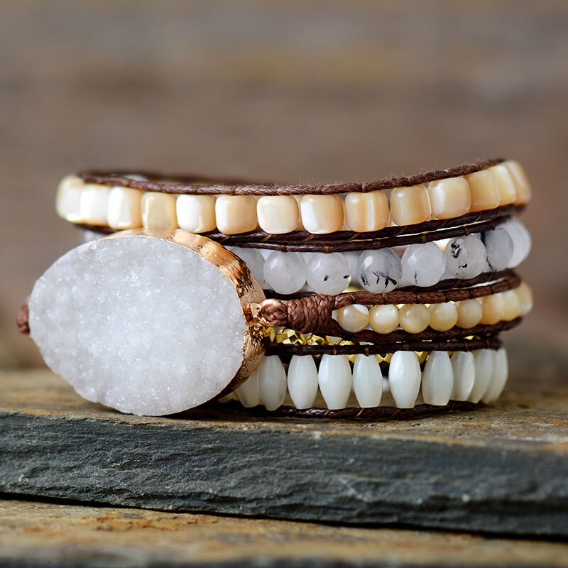 Natural Druzy Shell, Jade & Agate Leather Wrap Bracelet