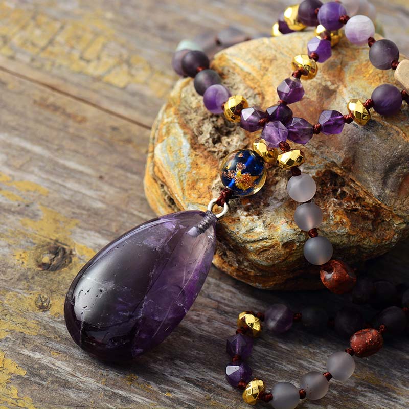 Natural Imperial Jasper, Onyx & Amethyst Pendant Necklace