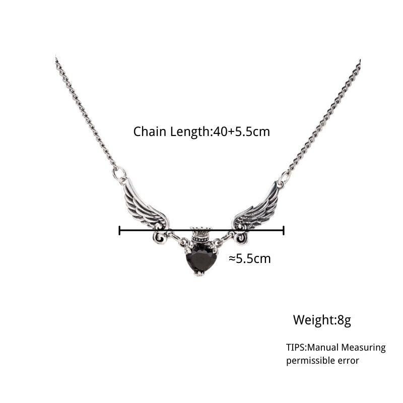 11:11 Silver Angel Wings&Heart Necklace with Black Zircon